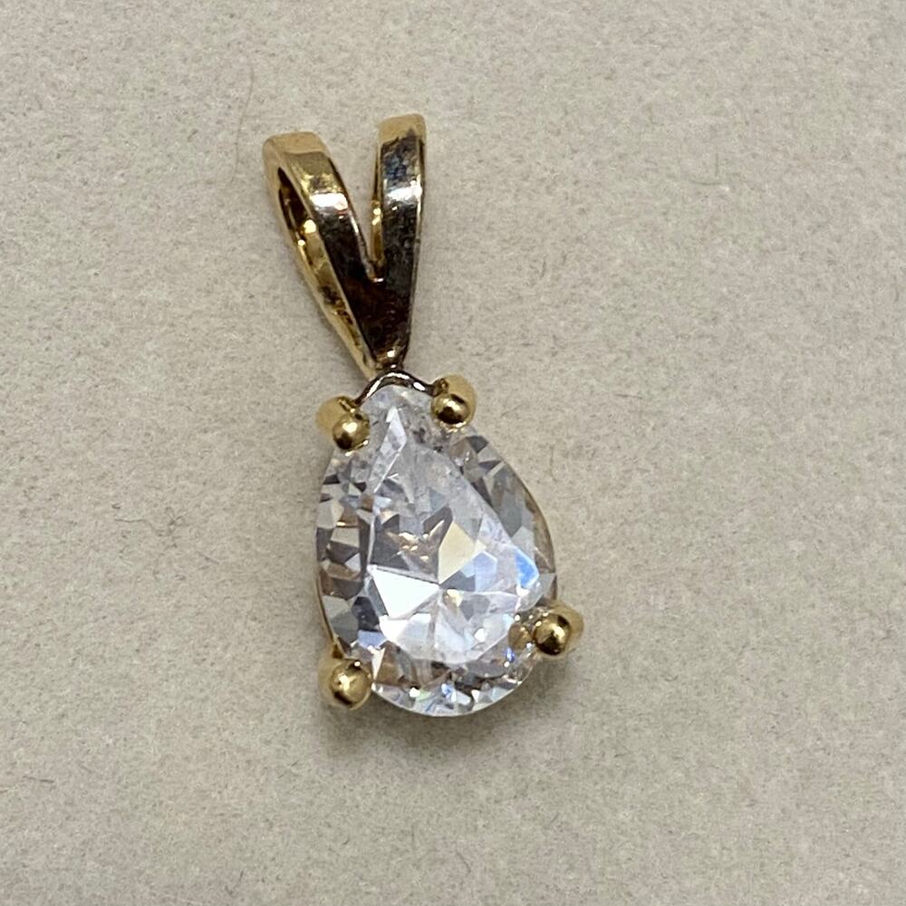 925 Sterling Silver Gold Tone Pear Cut Teardrop Solitaire Pendant Dainty .75"